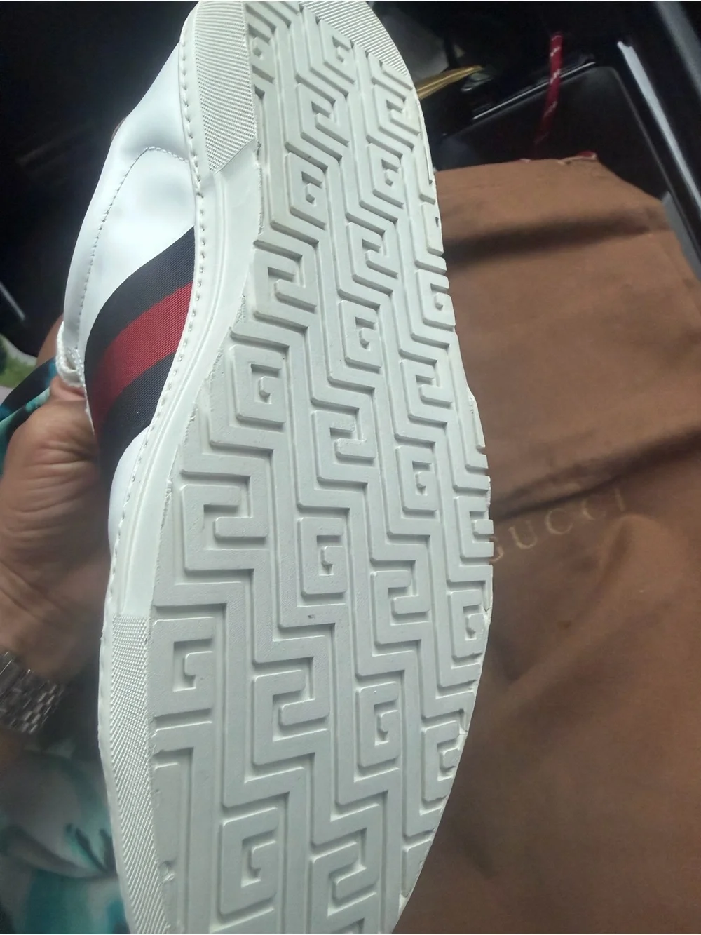 Gucci White Leather Sneaker with Red & Navy Web Stripe